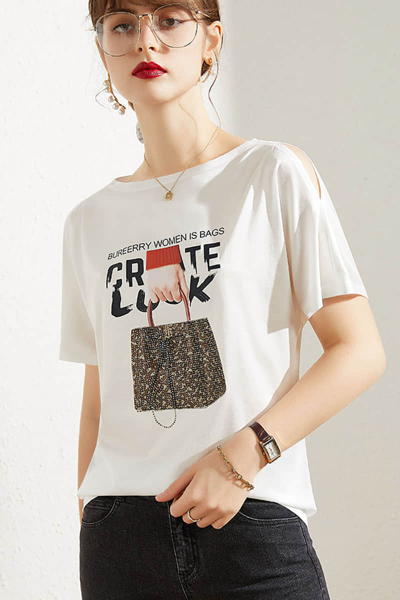 Loose printed off-the-shoulder T-shirt  | YonPop