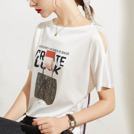 Loose printed off-the-shoulder T-shirt  | YonPop