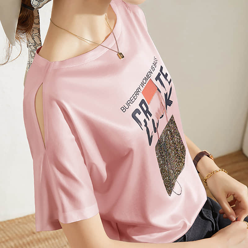 Loose printed off-the-shoulder T-shirt  | YonPop