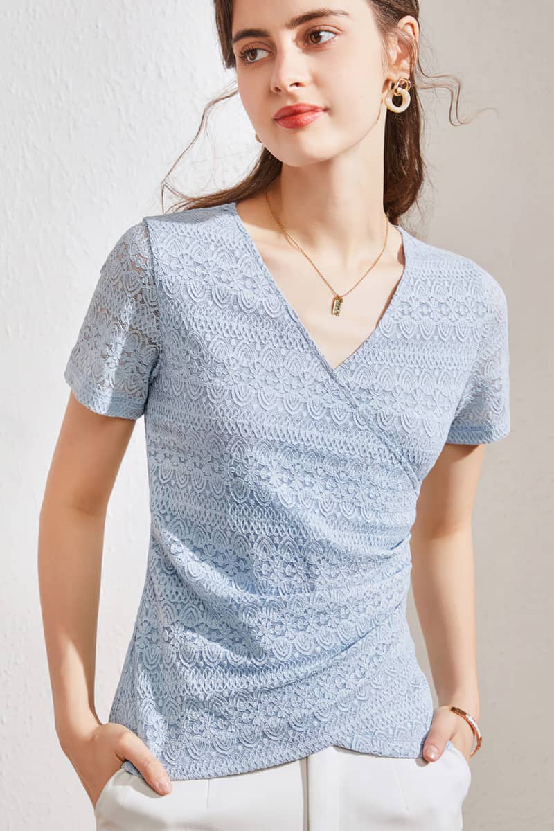 Pleated V-neck short-sleeved t-shirt Lightblue / 2XL | YonPop