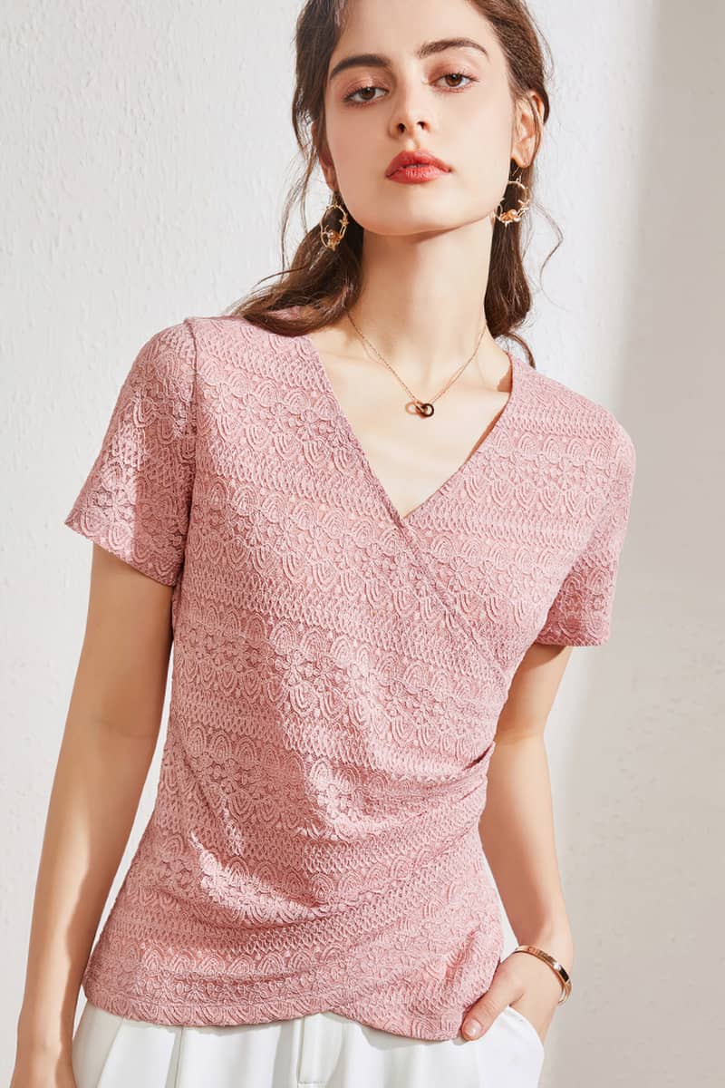 Pleated V-neck short-sleeved t-shirt Pink / XL | YonPop