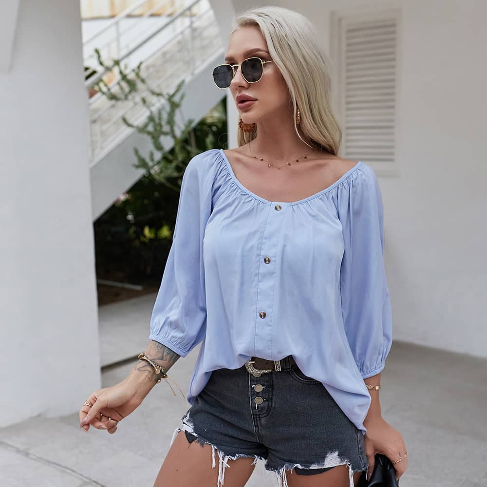 Summer women's loose thin shirt Blue / S | YonPop