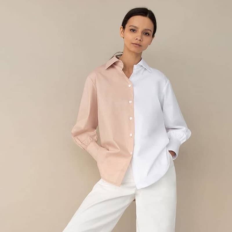 Women's Long-sleeved simple stitching contrast color ladies shirt M | YonPop