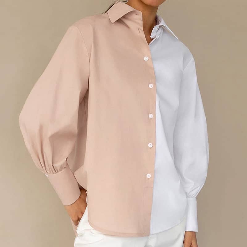 Women's Long-sleeved simple stitching contrast color ladies shirt S | YonPop