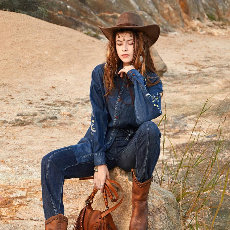 Chemise brodée en denim vintage haut en denim surdimensionné