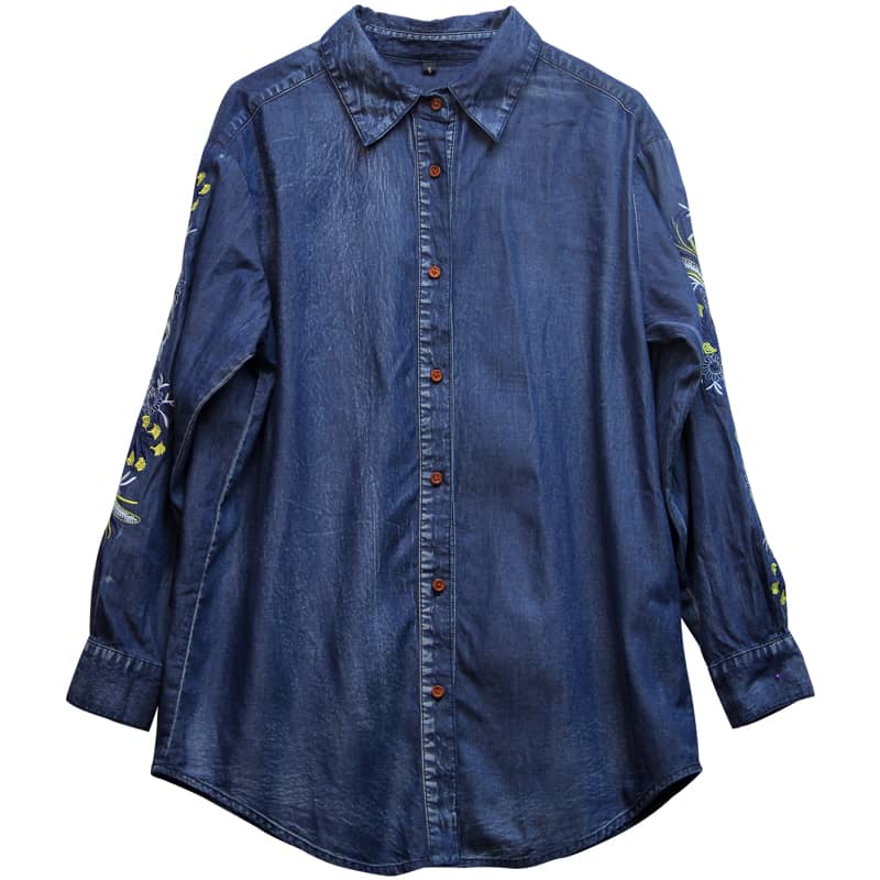 Vintage Denim Embroidered Shirt Oversized Denim Top