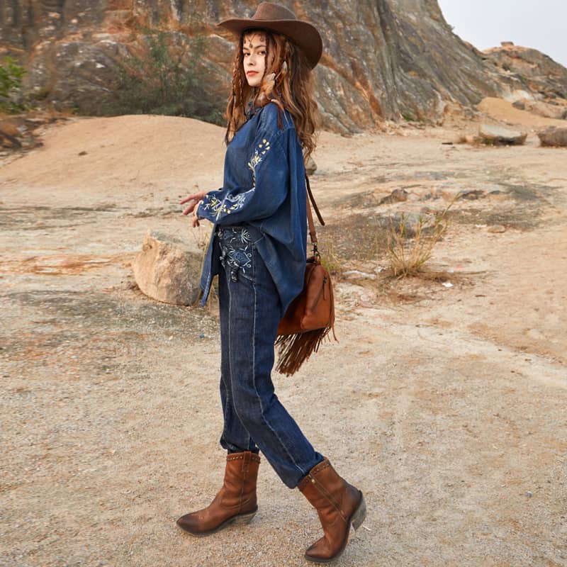 Vintage Denim Embroidered Shirt Oversized Denim Top