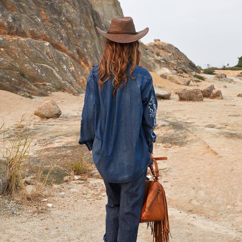 Vintage Denim Embroidered Shirt Oversized Denim Top