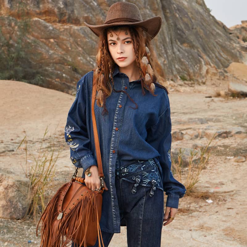 Vintage Denim Embroidered Shirt Oversized Denim Top