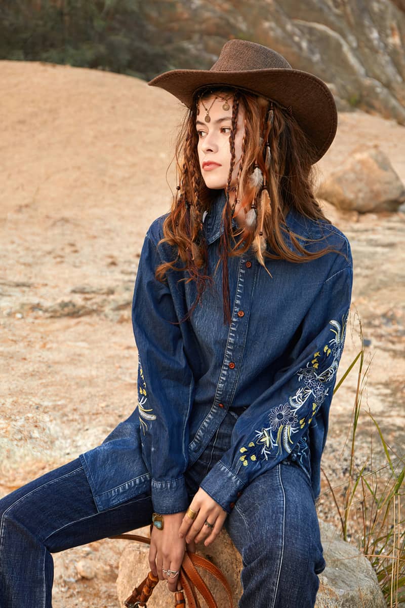 Vintage Denim Embroidered Shirt Oversized Denim Top