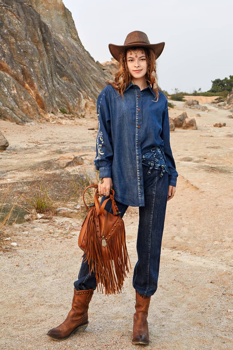 Vintage Denim Embroidered Shirt Oversized Denim Top