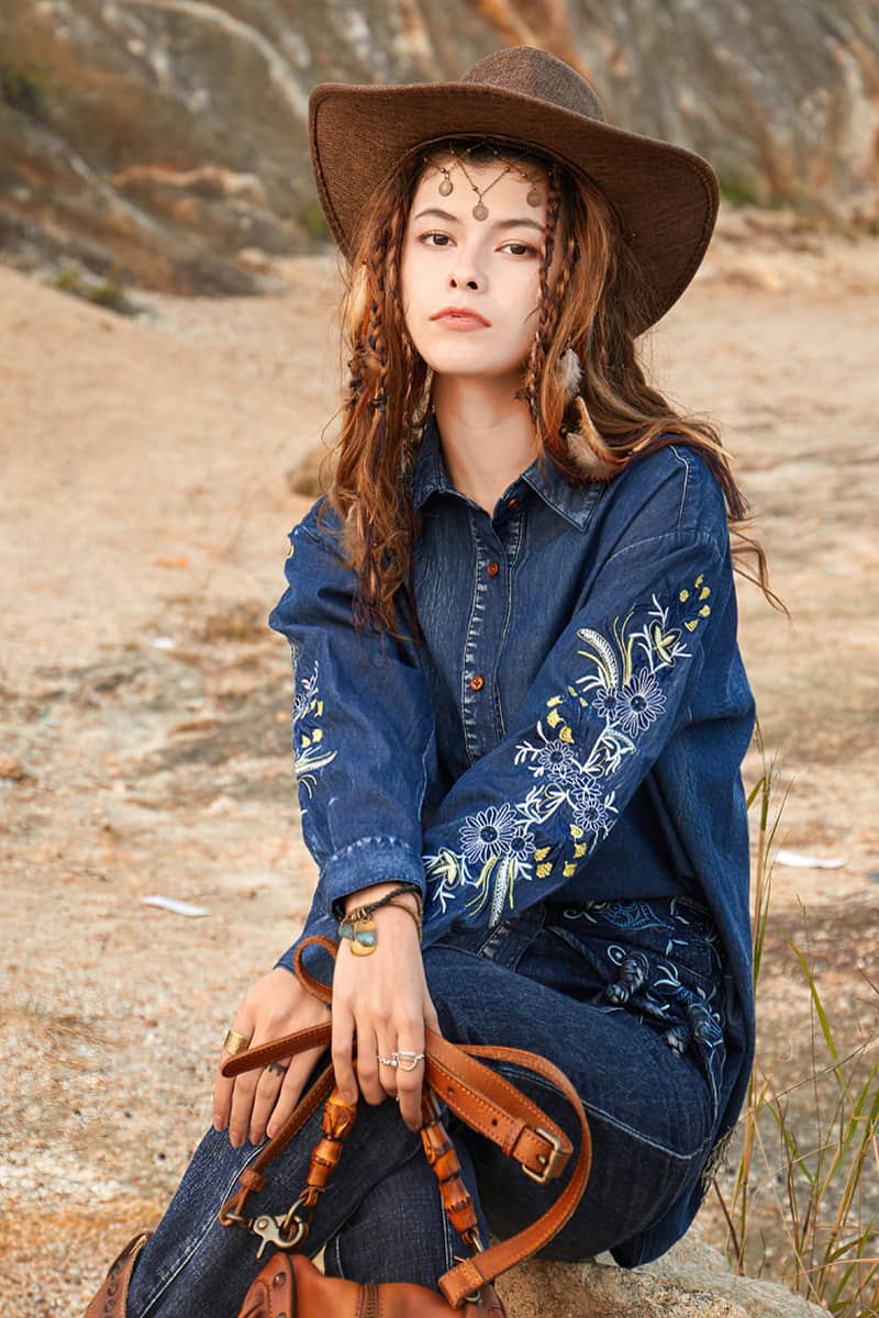 Vintage Denim Embroidered Shirt Oversized Denim Top