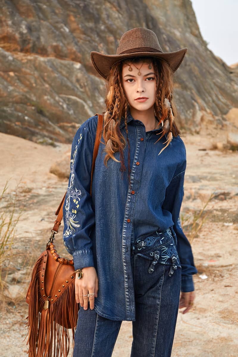 Vintage Denim Embroidered Shirt Oversized Denim Top