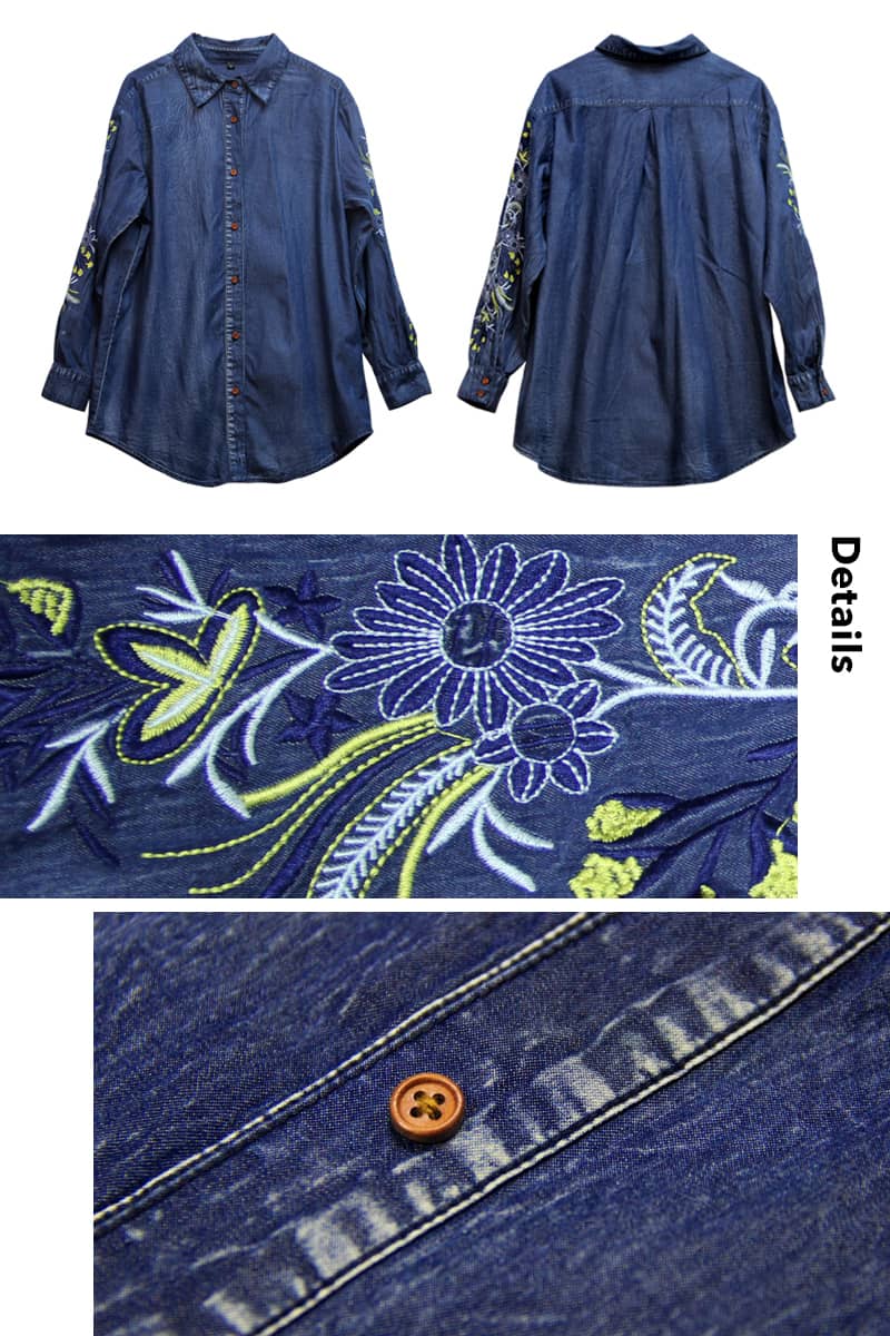 Vintage Denim Embroidered Shirt Oversized Denim Top