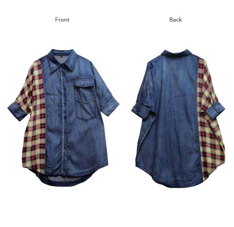 Women's bat sleeve denim plaid stitching loose shirt