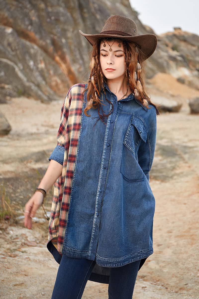 Women's bat sleeve denim plaid stitching loose shirt