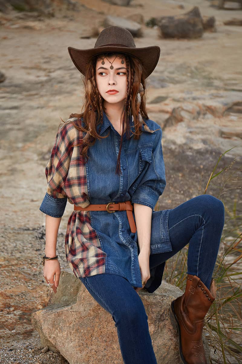 Chemise ample en jean à manches chauve-souris et coutures à carreaux pour femme