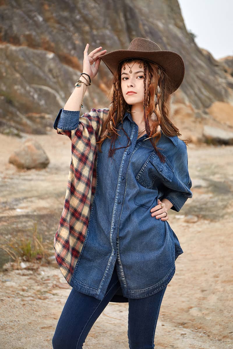 Women's bat sleeve denim plaid stitching loose shirt