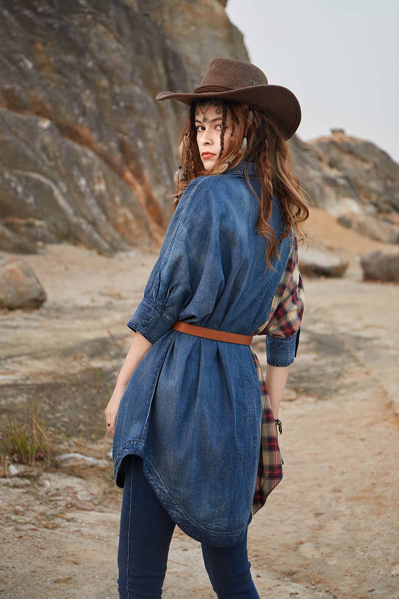 Chemise ample en jean à manches chauve-souris et coutures à carreaux pour femme