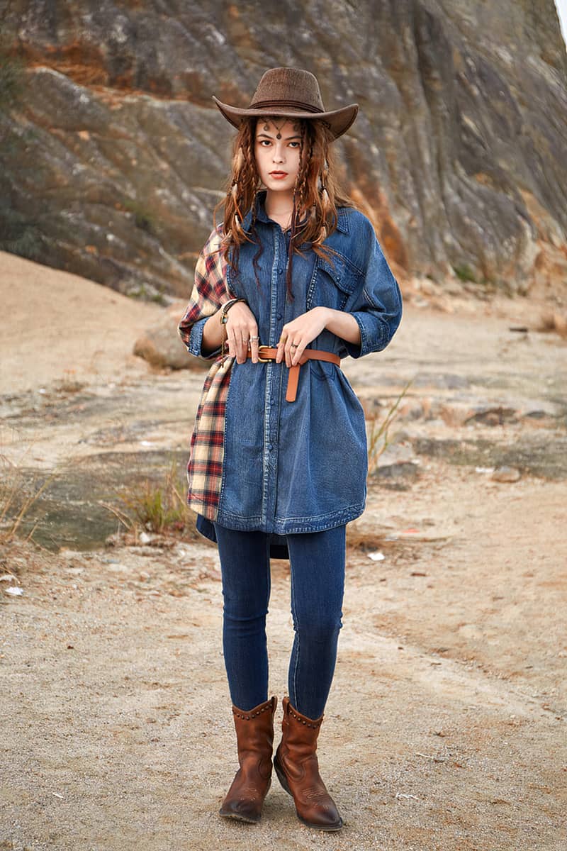 Chemise ample en jean à manches chauve-souris et coutures à carreaux pour femme