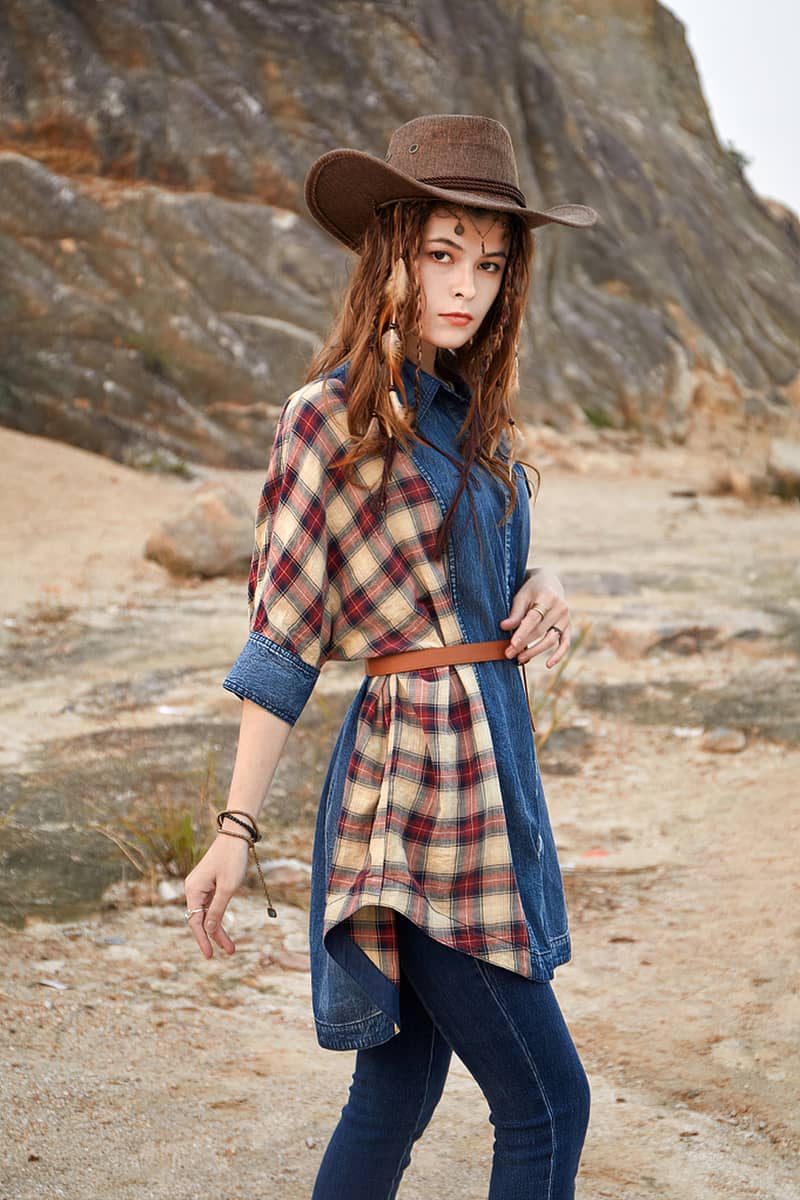 Women's bat sleeve denim plaid stitching loose shirt