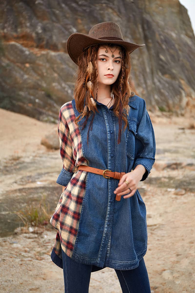 Women's bat sleeve denim plaid stitching loose shirt