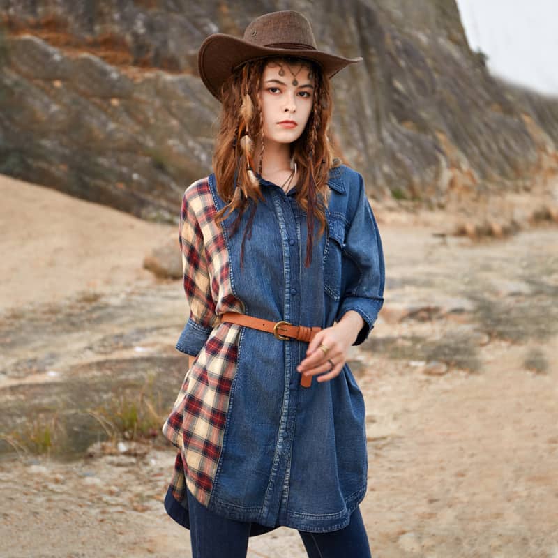 Women's bat sleeve denim plaid stitching loose shirt