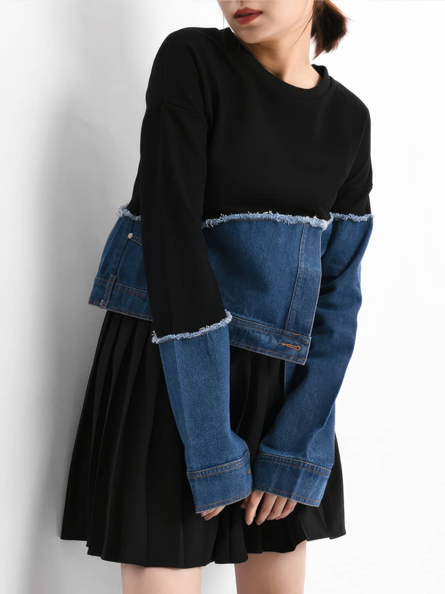 Asymmetric Denim Stitching Raw Edge Contrast Color Pullover Casual Top