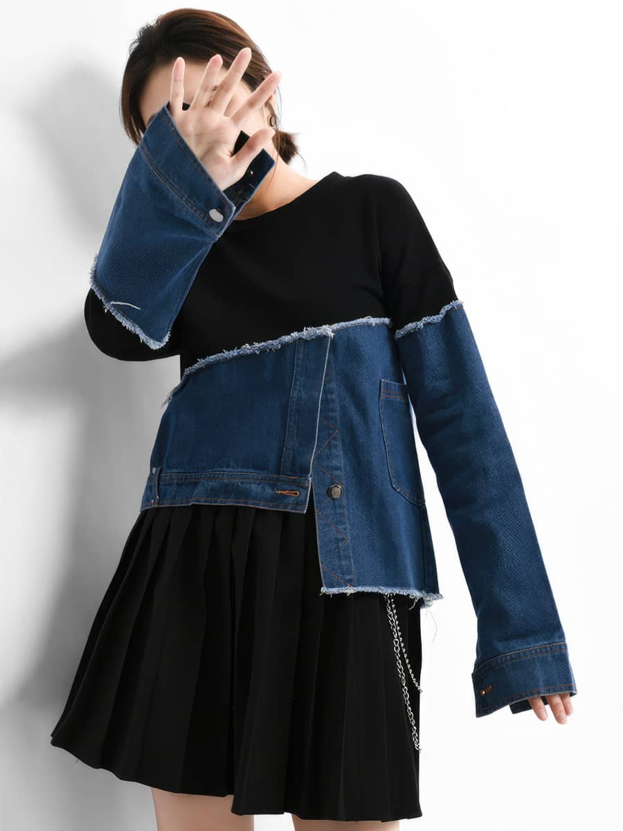 Asymmetric Denim Stitching Raw Edge Contrast Color Pullover Casual Top