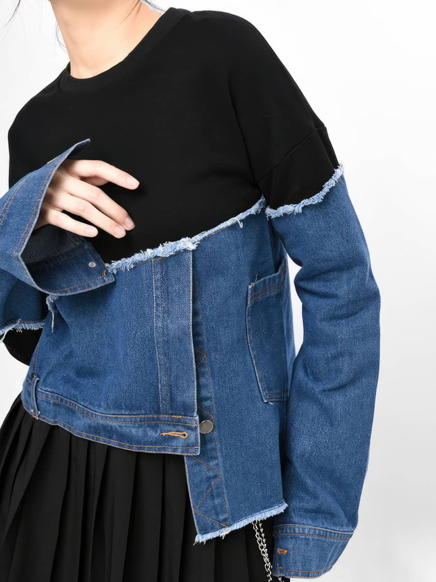 Asymmetric Denim Stitching Raw Edge Contrast Color Pullover Casual Top