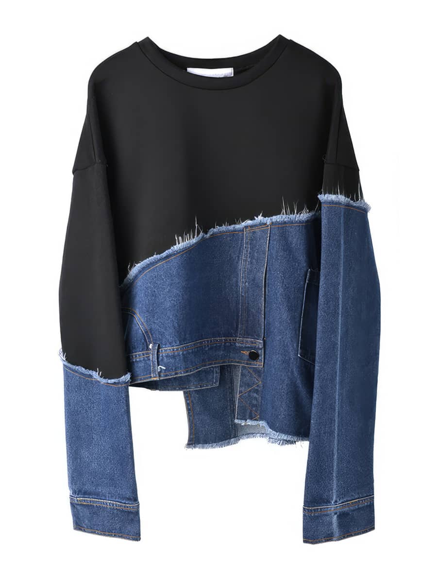 Asymmetric Denim Stitching Raw Edge Contrast Color Pullover Casual Top