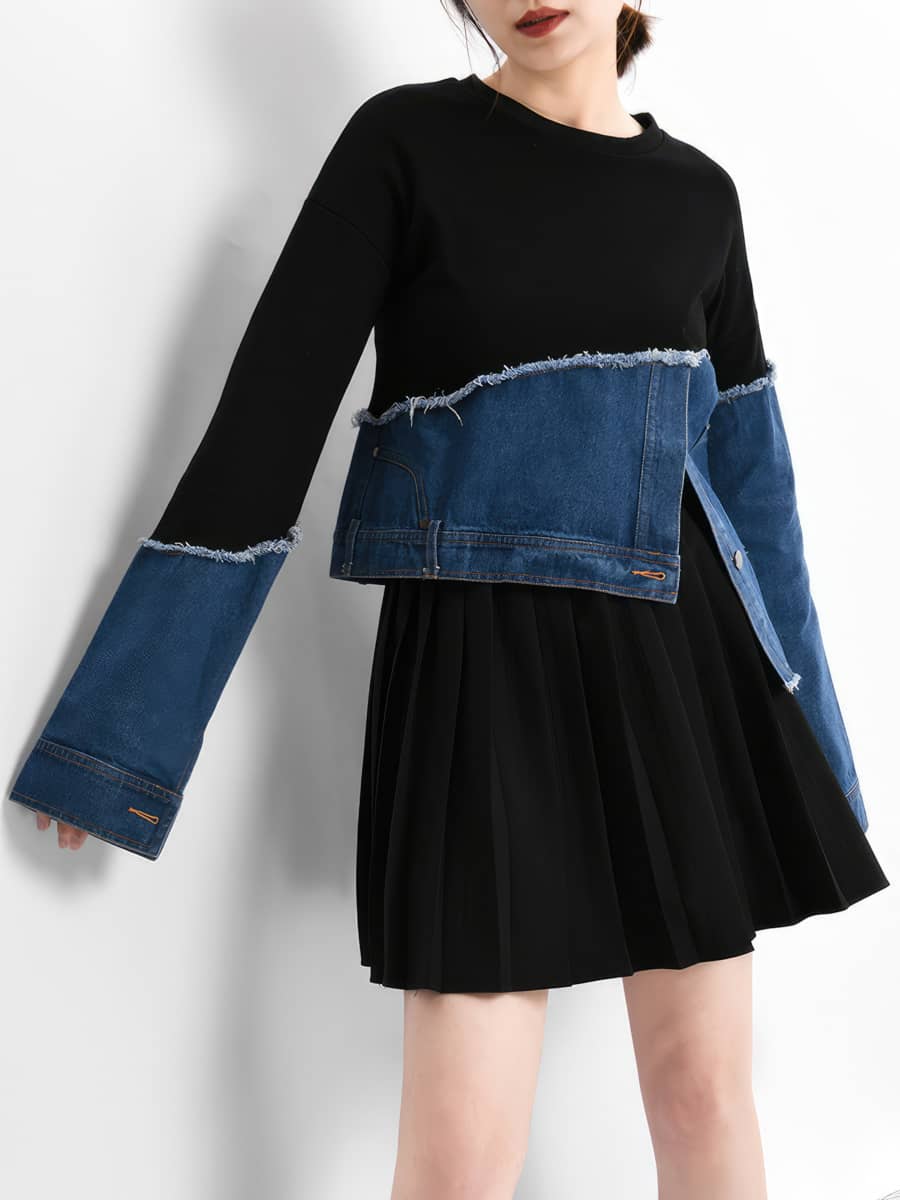 Asymmetric Denim Stitching Raw Edge Contrast Color Pullover Casual Top