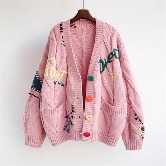 Lazy style embroidery thickened loose sweater coat