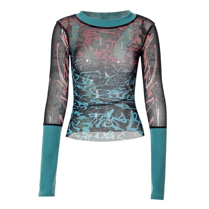 Round neck long sleeve mesh print casual T-Shirt