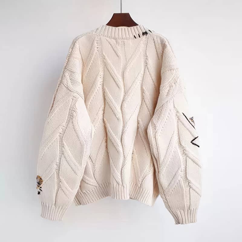 Lazy style embroidery thickened loose sweater coat