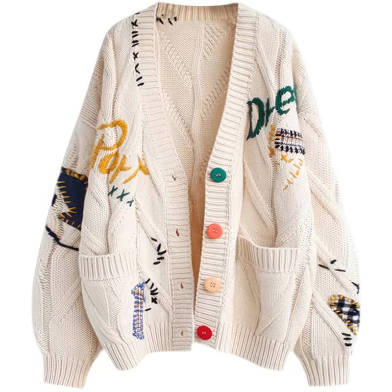 Lazy style embroidery thickened loose sweater coat