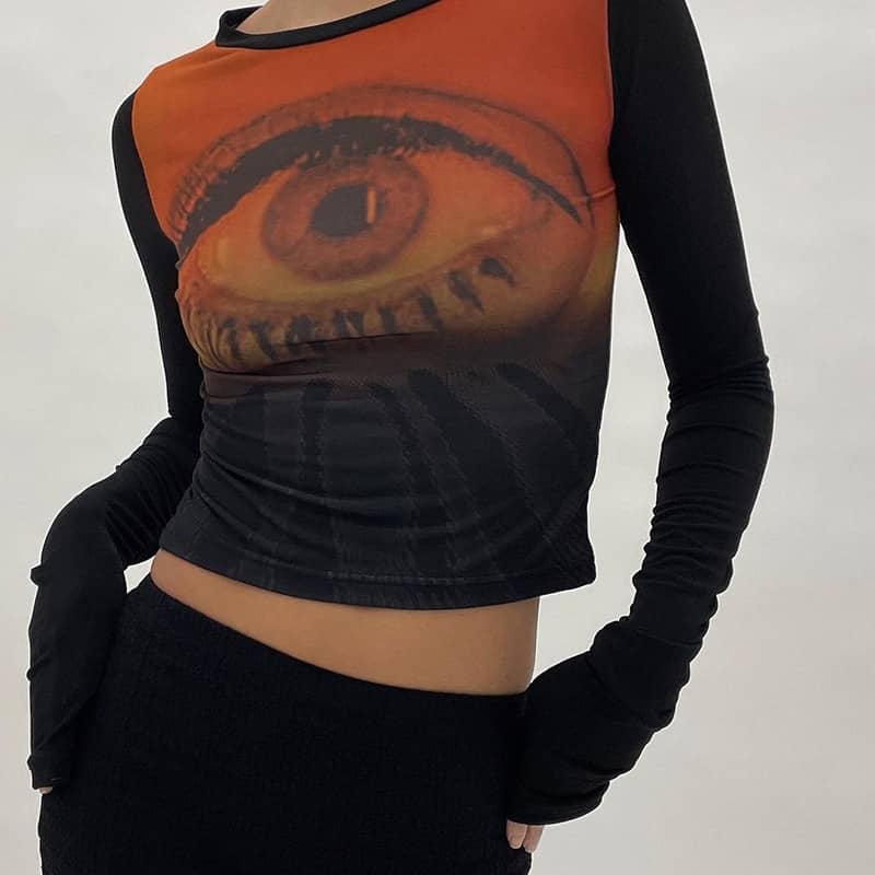 Long-sleeved printed midriff casual T-shirt