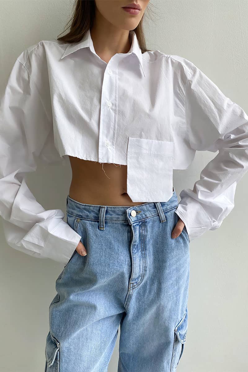 Navel cropped asymmetrical white shirt