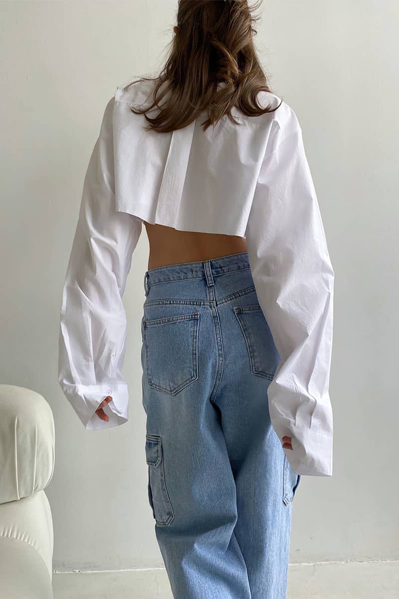 Navel cropped asymmetrical white shirt