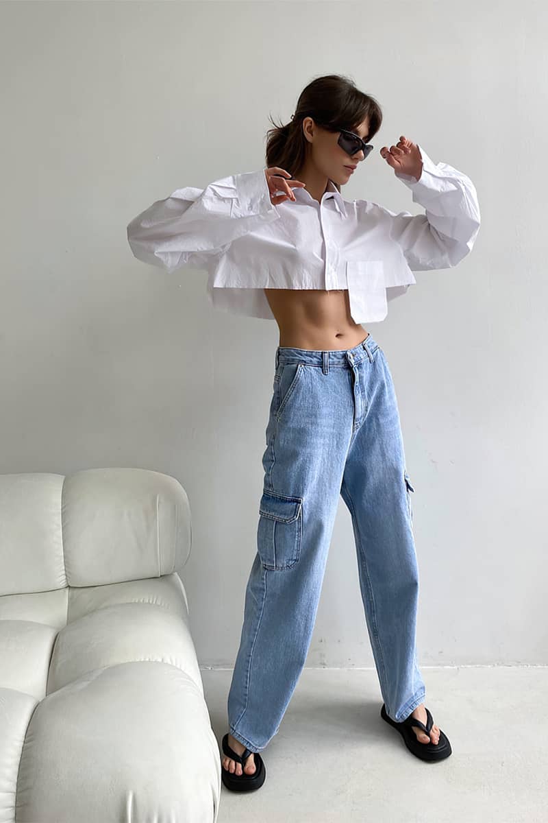 Navel cropped asymmetrical white shirt