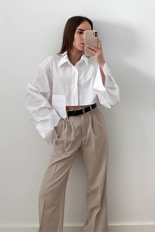 Navel cropped asymmetrical white shirt