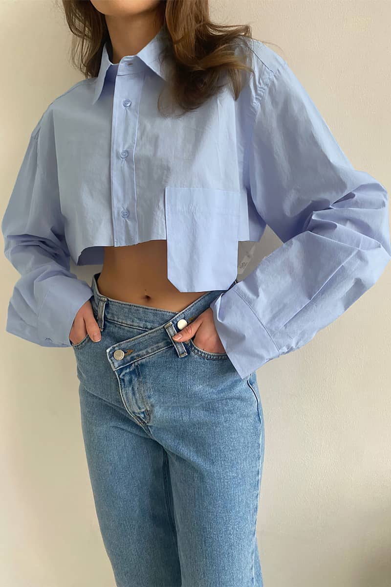 Navel cropped asymmetrical white shirt