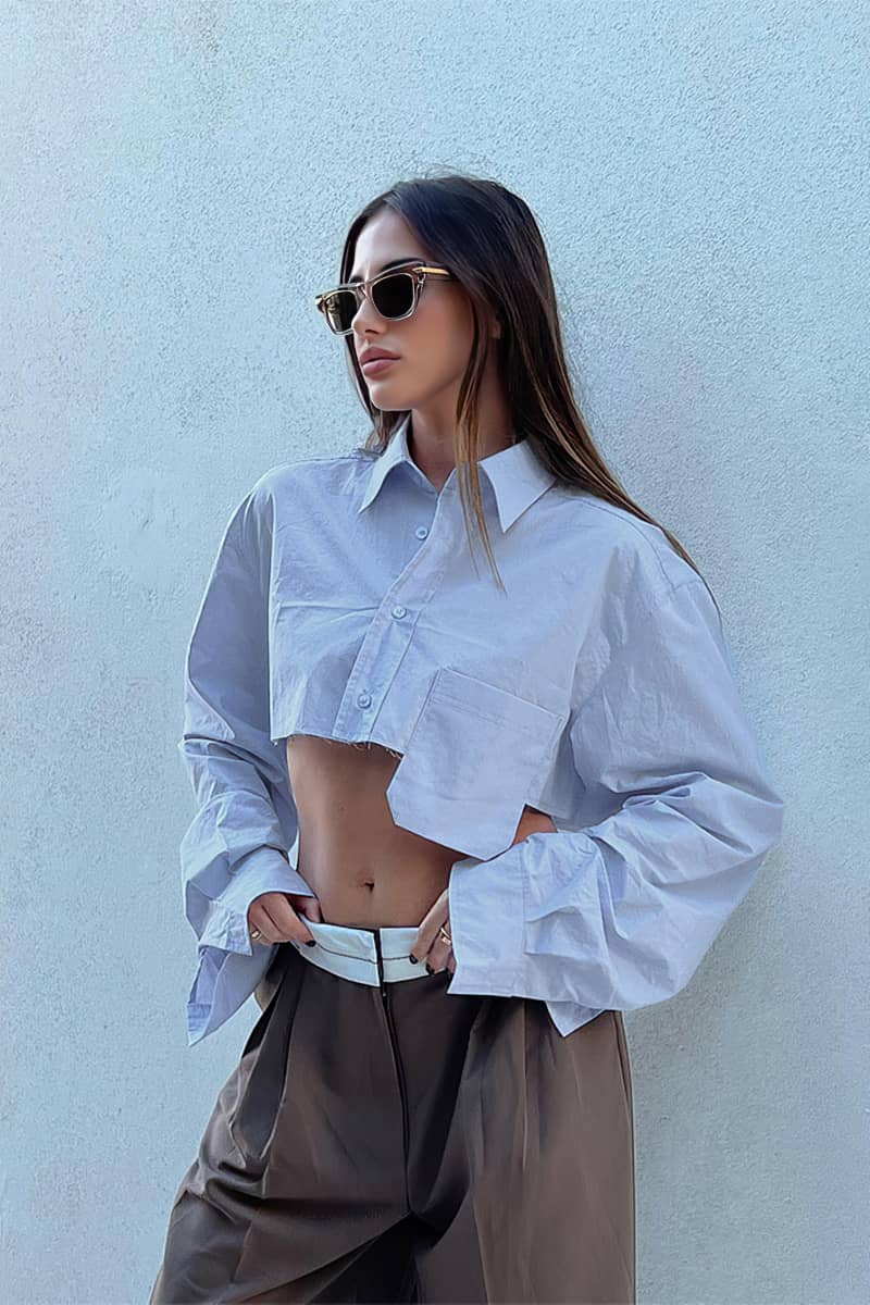 Navel cropped asymmetrical white shirt