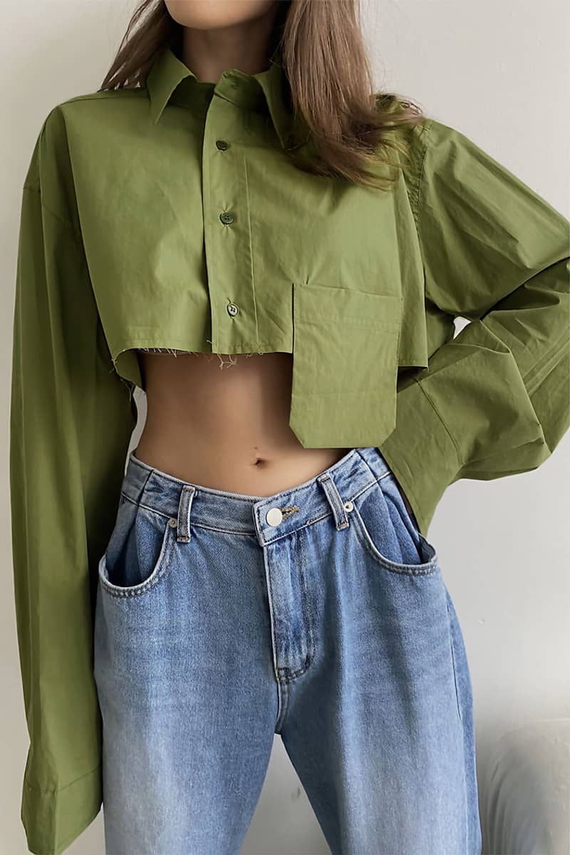 Navel cropped asymmetrical white shirt