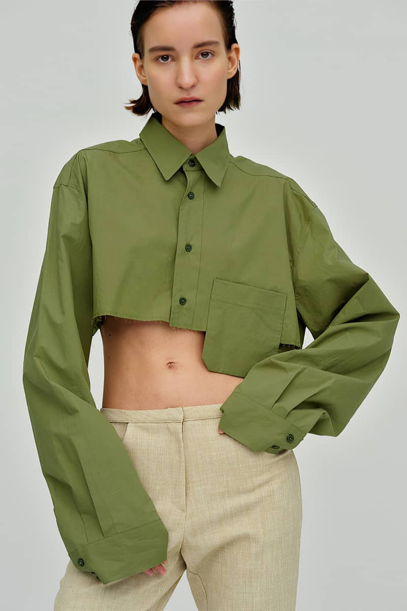 Navel cropped asymmetrical white shirt