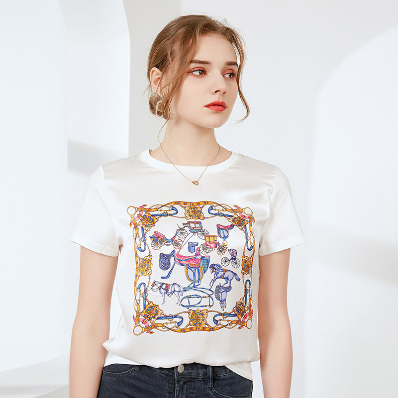 Silk Printed Short Sleeve T-shirt Women's Top E / 2XL | YonPop