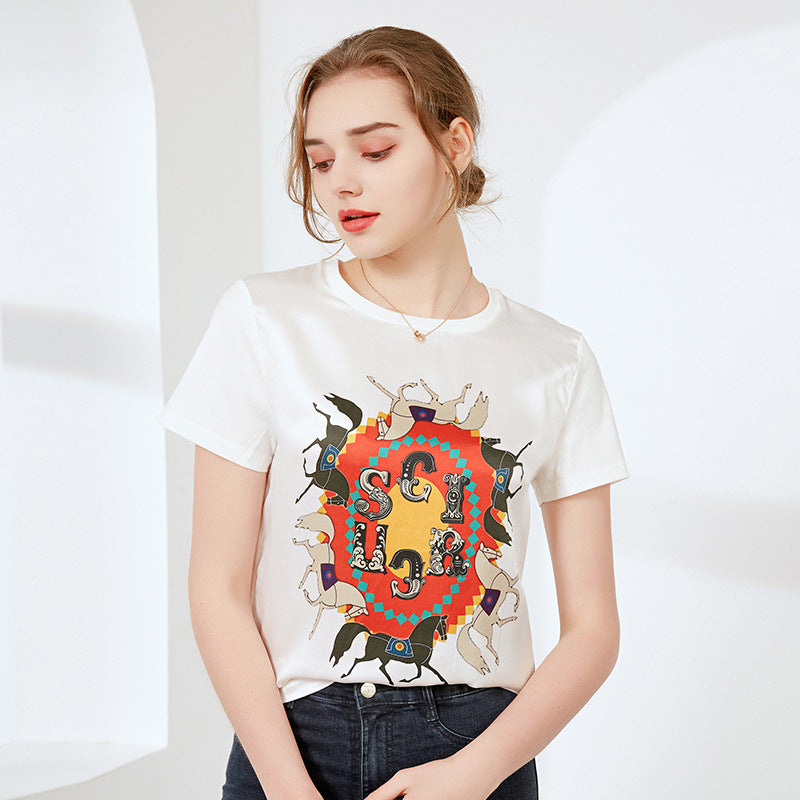 Silk Printed Short Sleeve T-shirt Women's Top F / 2XL | YonPop