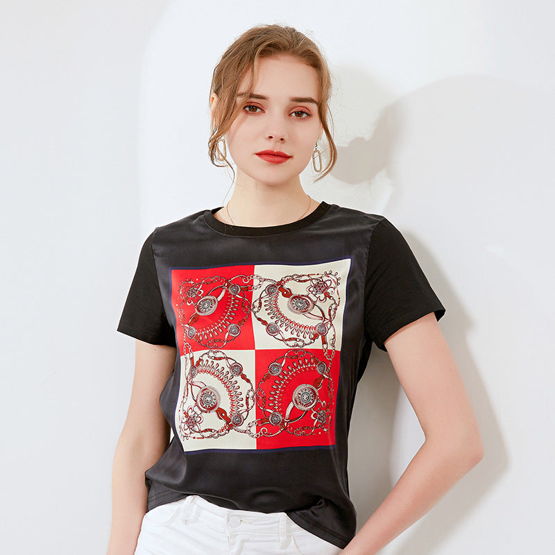 Silk Printed Short Sleeve T-shirt Women's Top D / 2XL | YonPop