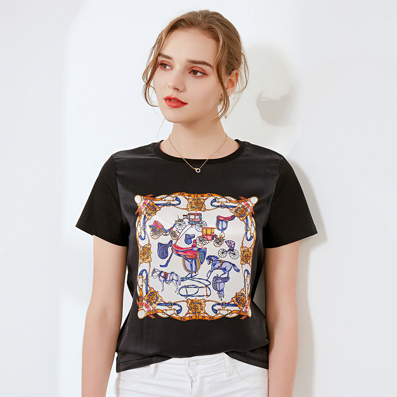 Silk Printed Short Sleeve T-shirt Women's Top E / 2XL | YonPop