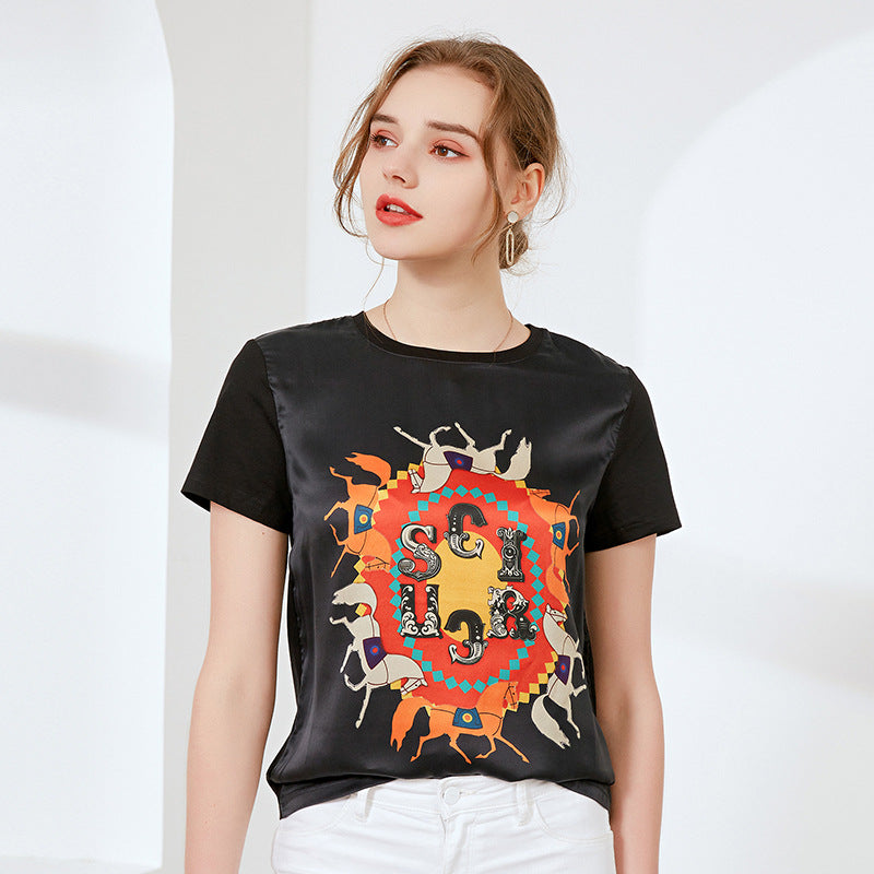 Silk Printed Short Sleeve T-shirt Women's Top F / 2XL | YonPop